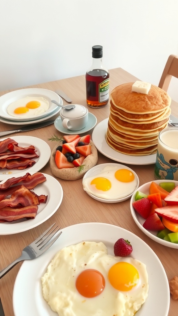 Hearty Breakfast Spread for Four A breakfast table with pancakes, bacon, scrambled eggs, and fresh fruit for four people.